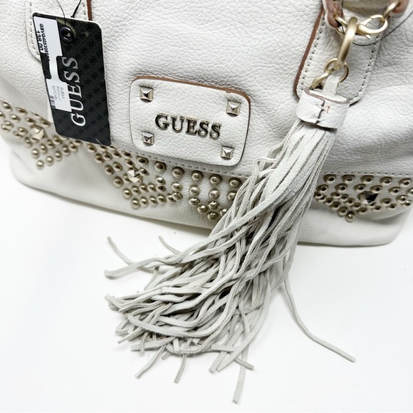 Guess Satchel Crossbody Leather Studded Shoulder Bag Tote w/ Fringe Tassel Charm - Picture 12 of 14